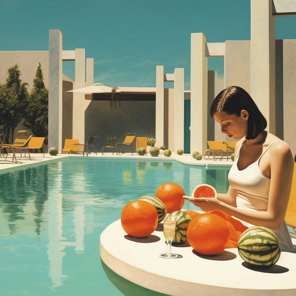 femme qui prépare du melon en bord de piscine